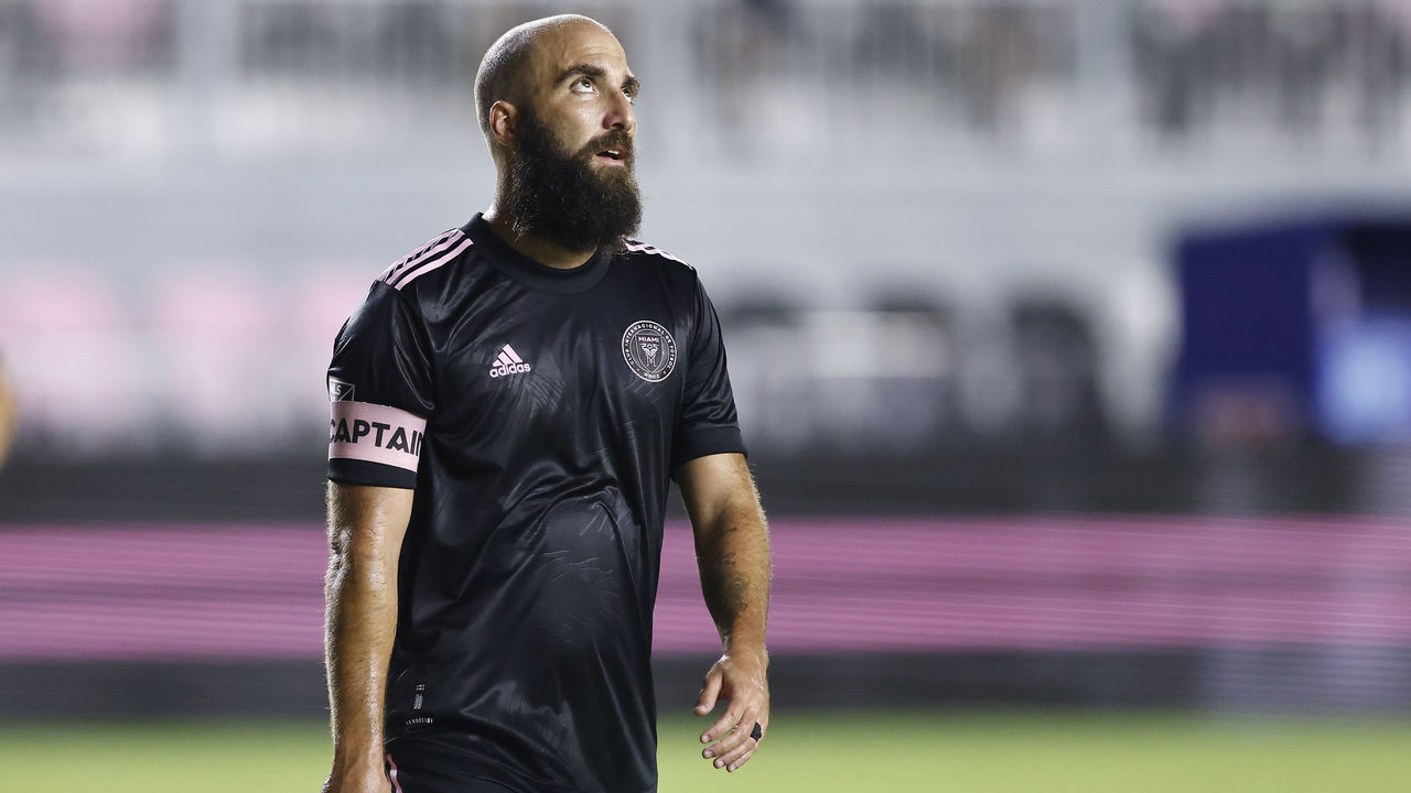 FORT LAUDERDALE, FLORIDA - MAY 12: Gonzalo Higuain #9 of Inter Miami CF reacts against CF Montreal during the second half at DRV PNK Stadium on May 12, 2021 in Fort Lauderdale, Florida.