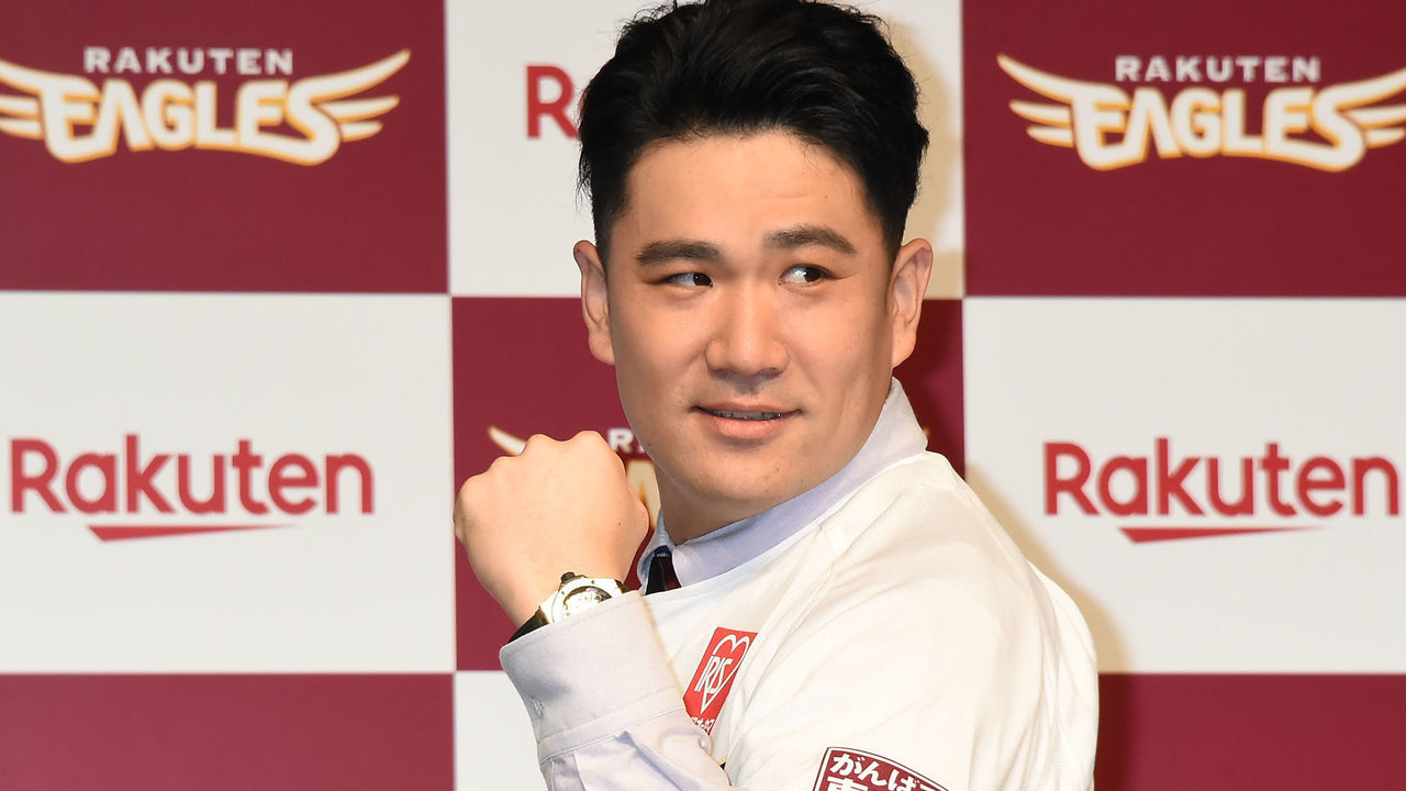 TOKYO, JAPAN - JANUARY 30: Masahiro Tanaka of the Tohoku Rakuten Golden Eagles poses for a photo during a press conference on January 30, 2021 in Tokyo, Japan.