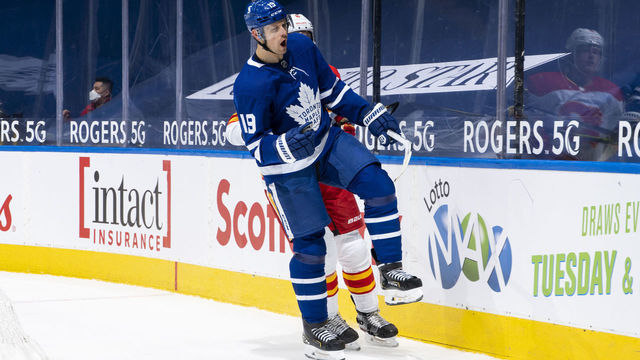 TORONTO, ON - MARCH 20: Jason Spezza #19 of the Toronto Maple Leafs celebrates his goal against the Calgary Flames during the first period at the Scotiabank Arena on March 20, 2021 in Toronto, Ontario, Canada.