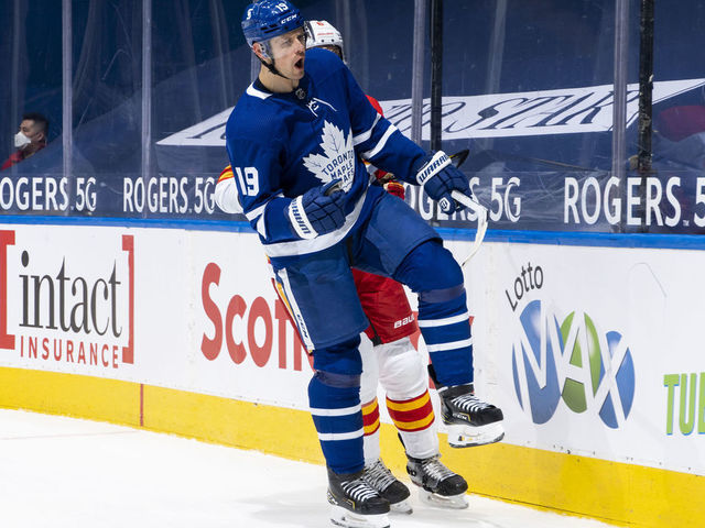 TORONTO, ON - MARCH 20: Jason Spezza #19 of the Toronto Maple Leafs celebrates his goal against the Calgary Flames during the first period at the Scotiabank Arena on March 20, 2021 in Toronto, Ontario, Canada.