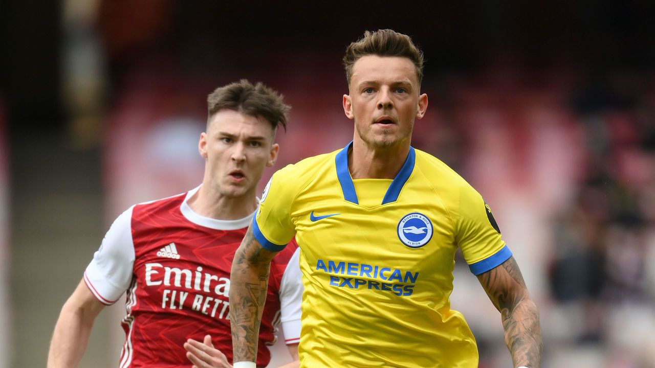 LONDON, ENGLAND - MAY 23: Ben White of Brighton & Hove Albion is put under pressure by Kieran Tierney of Arsenal during the Premier League match between Arsenal and Brighton & Hove Albion at Emirates Stadium on May 23, 2021 in London, England. A limited number of fans will be allowed into Premier League stadiums as Coronavirus restrictions begin to ease in the UK.