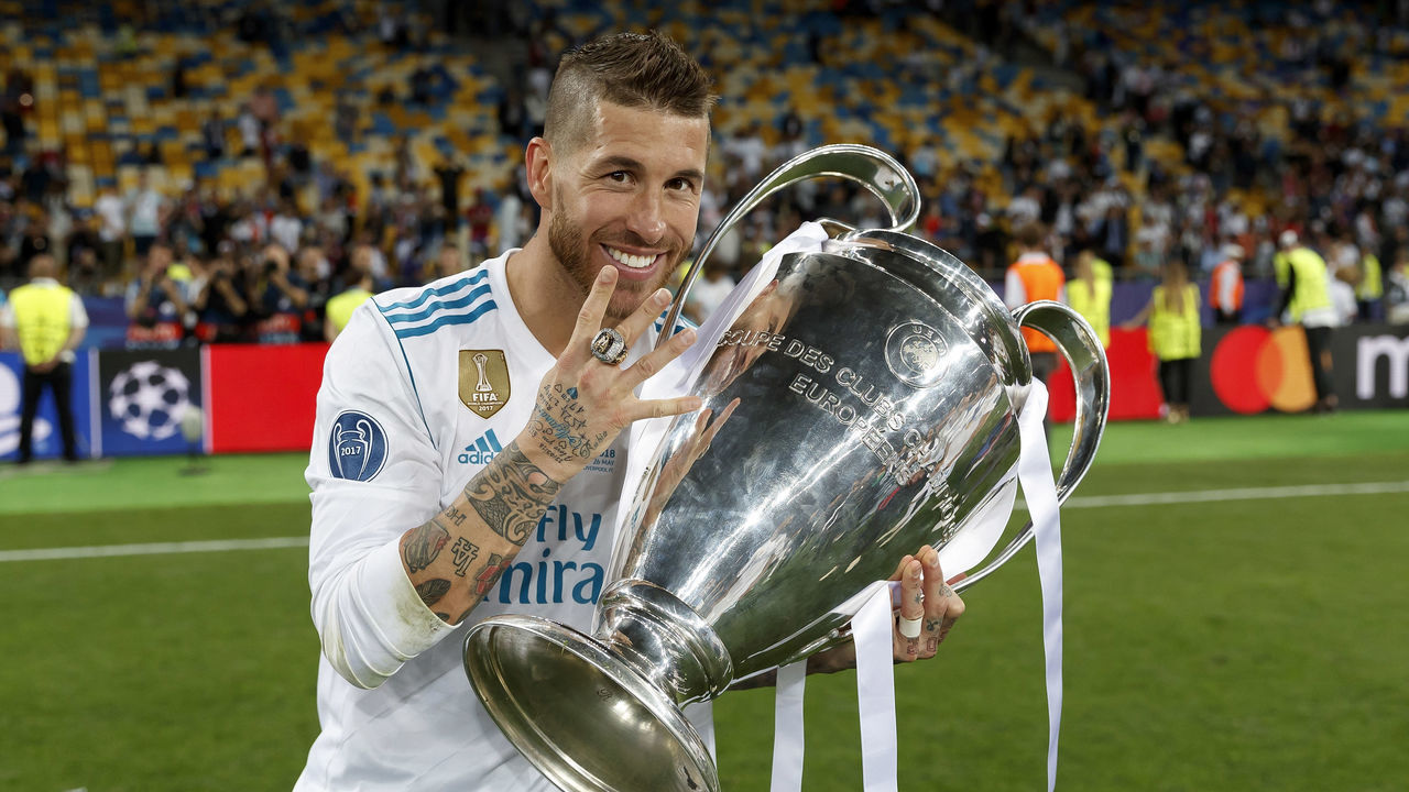 KIEV, UKRAINE - MAY 26: Sergio Ramos of Real Madrid celebrates with The UEFA Champions League trophy following his sides victory in the UEFA Champions League Final between Real Madrid and Liverpool at NSC Olimpiyskiy Stadium on May 26, 2018 in Kiev, Ukraine.