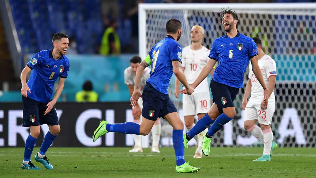 ROME, ITALY - JUNE 16: Manuel Locatelli of Italy celebrates after scoring their side's second goal during the UEFA Euro 2020 Championship Group A match between Italy and Switzerland at Olimpico Stadium on June 16, 2021 in Rome, Italy.