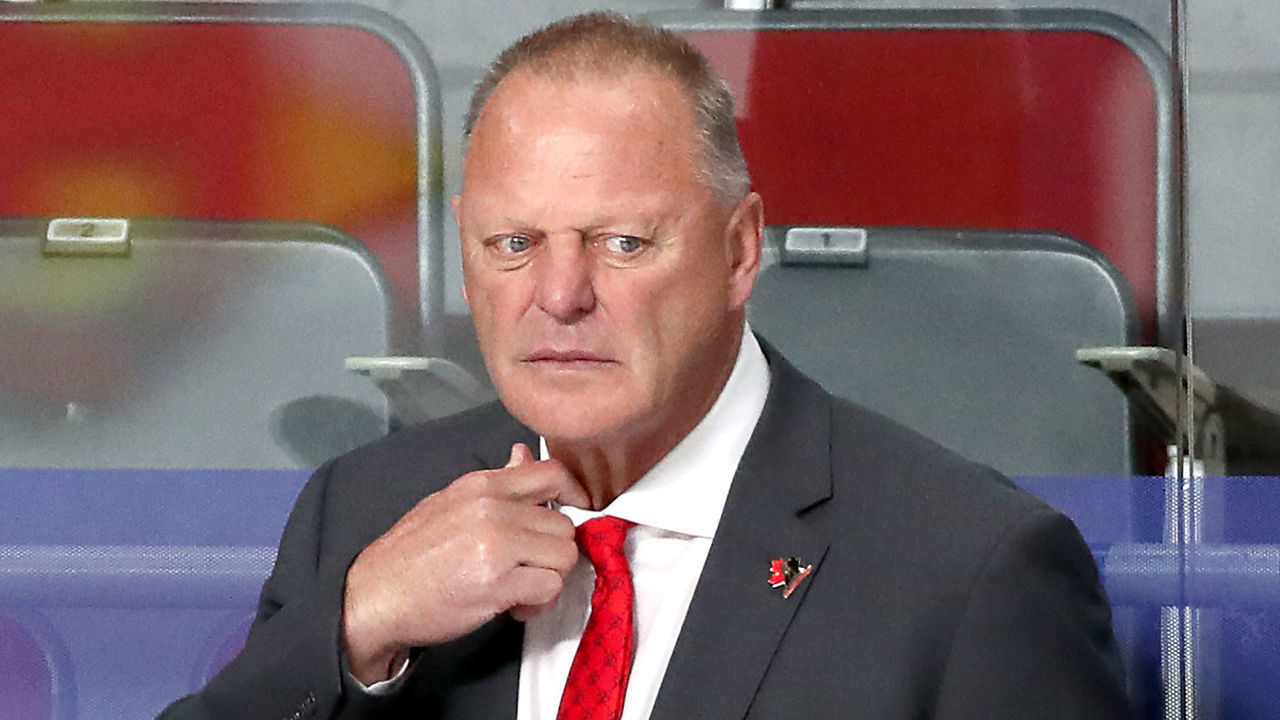 RIGA, LATVIA - JUNE 5, 2021: Gerard Gallant, head coach of the Canadian men's national ice hockey team, attends a 2021 IIHF World Championship semifinal match against the USA at Arena Riga. Natalia Fedosenko/TASS