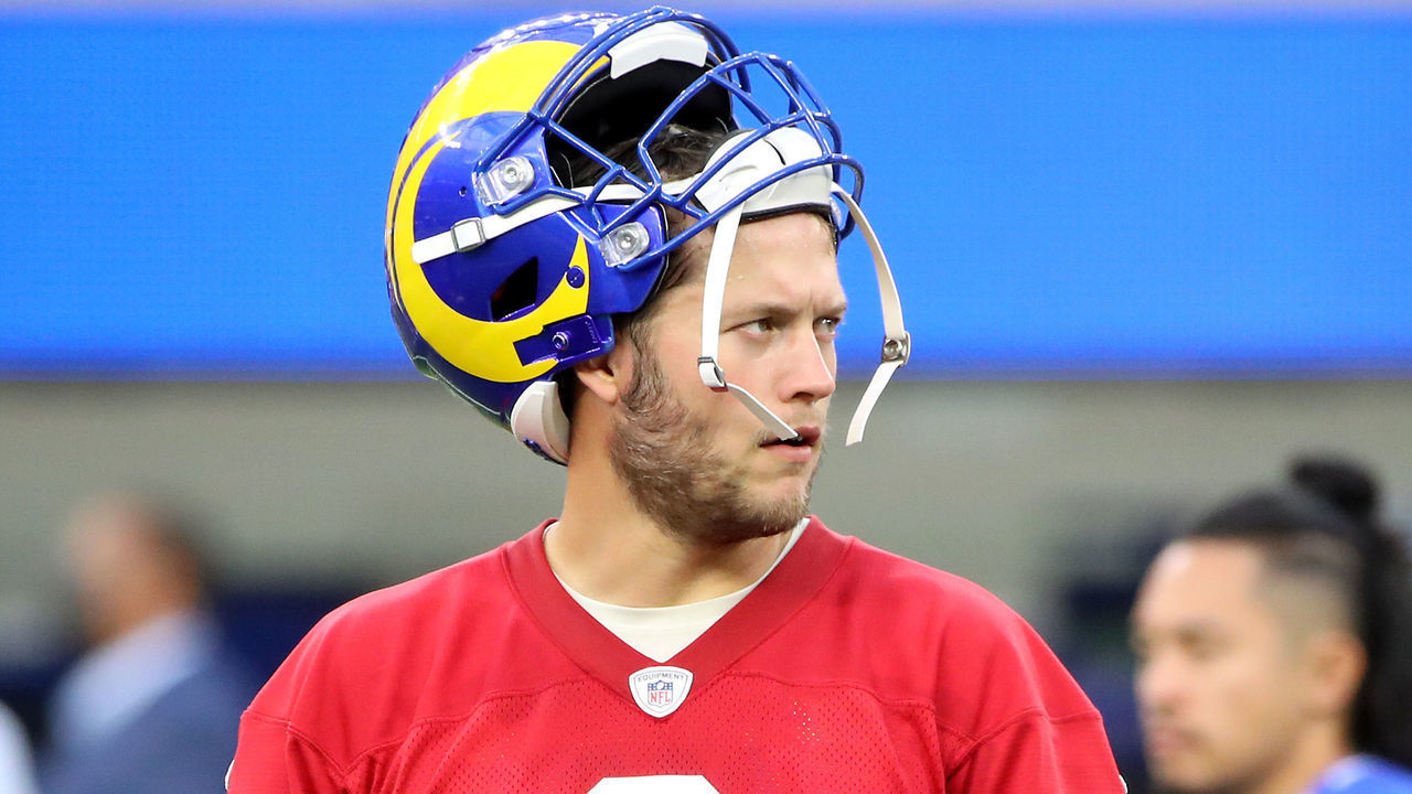 INGLEWOOD, CALIFORNIA - JUNE 10: Matthew Stafford #9 of the Los Angeles Rams looks on during open practice at SoFi Stadium on June 10, 2021 in Inglewood, California.
