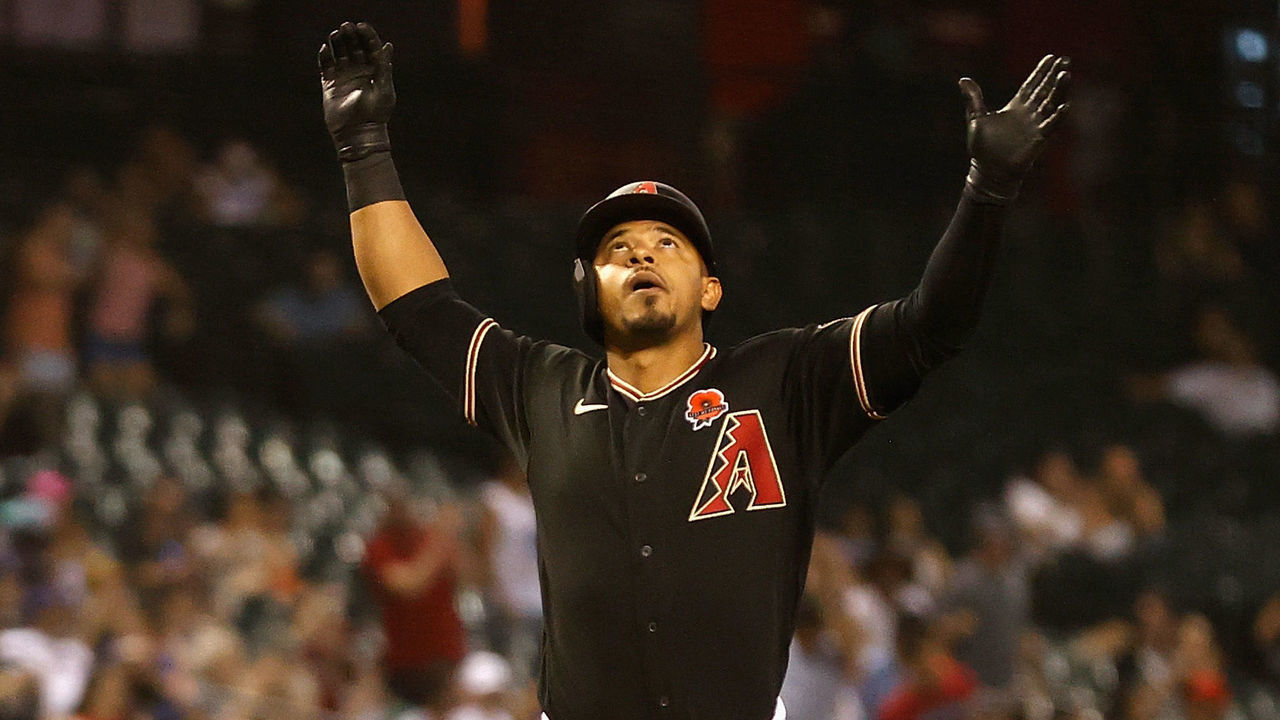 PHOENIX, ARIZONA - MAY 31: Eduardo Escobar #5 of the Arizona Diamondbacks celebrates after hitting a solo-home run against the New York Mets during the seventh inning of the MLB game at Chase Field on May 31, 2021 in Phoenix, Arizona.