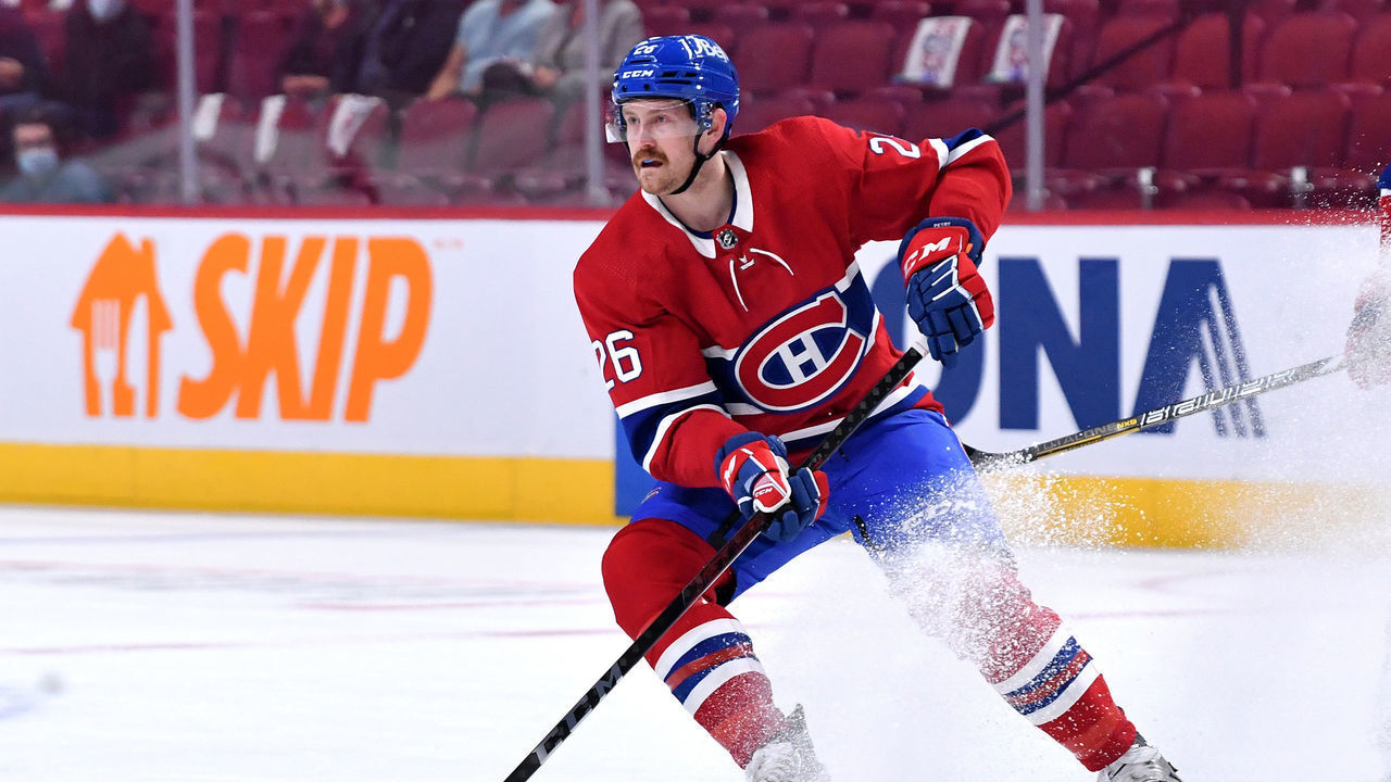 MONTREAL, QC - June 6: Jeff Petry #26 of the Montreal Canadiens looks to pass the puck against the Winnipeg Jets in Game Three of the Second Round of the 2021 Stanley Cup Playoffs at the Bell Centre on June 6, 2021 in Montreal, Quebec, Canada.