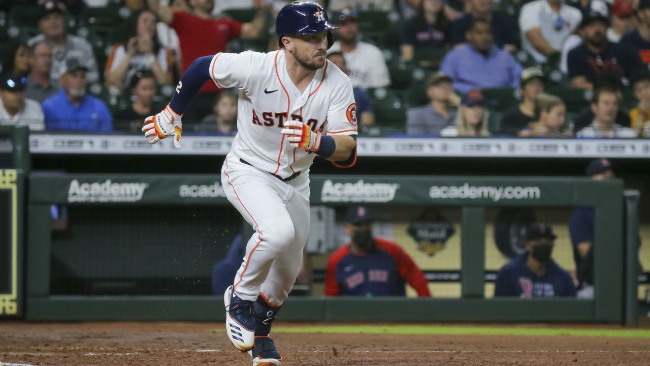 HOUSTON, TX - JUNE 01: Houston Astros third baseman Alex Bregman (2) sprints to first base in the bottom of the third inning during the baseball game between the Boston Red Sox and Houston Astros on June 1, 2021 at Minute Maid Park in Houston, Texas.