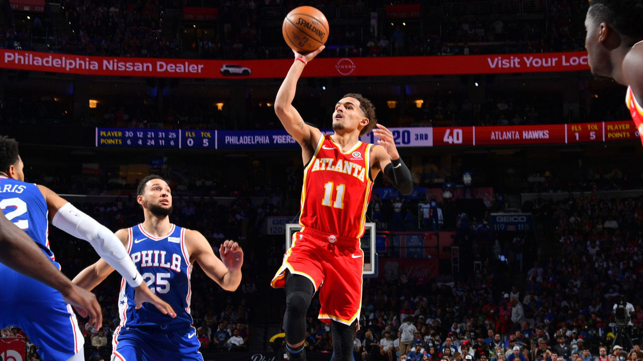 PHILADELPHIA, PA - JUNE 16: Trae Young #11 of the Atlanta Hawks shoots the ball against the Philadelphia 76ers during Round 2, Game 5 of the Eastern Conference Playoffs on June 16, 2021 at Wells Fargo Center in Philadelphia, Pennsylvania. NOTE TO USER: User expressly acknowledges and agrees that, by downloading and/or using this Photograph, user is consenting to the terms and conditions of the Getty Images License Agreement. Mandatory Copyright Notice: Copyright 2021 NBAE