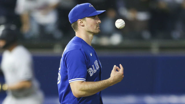 BUFFALO, NEW YORK - JUNE 16: Ross Stripling #48 of the Toronto Blue Jays reacts after a home run by Gary Sanchez #24 of the New York Yankees during the seventh inning at Sahlen Field on June 16, 2021 in Buffalo, New York.