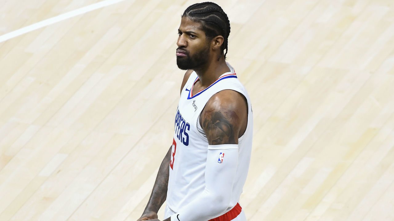 SALT LAKE CITY, UTAH - JUNE 16: Paul George #13 of the Los Angeles Clippers celebrates a basket in Game Five of the Western Conference second-round playoff series against the Utah Jazz at Vivint Smart Home Arena on June 16, 2021 in Salt Lake City, Utah. NOTE TO USER: User expressly acknowledges and agrees that, by downloading and/or using this photograph, user is consenting to the terms and conditions of the Getty Images License Agreement.