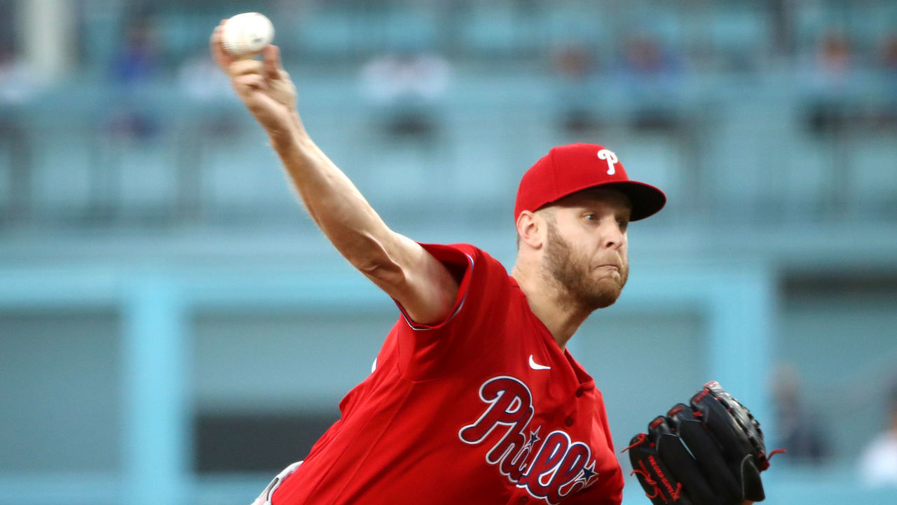 LOS ANGELES, CALIFORNIA - JUNE 16: Zack Wheeler #45 of the Philadelphia Phillies pitches during the first inning against the Los Angeles Dodgers at Dodger Stadium on June 16, 2021 in Los Angeles, California.