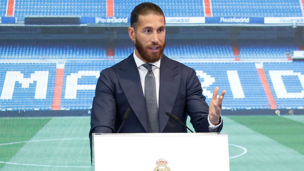 MADRID, SPAIN - JUNE 17: Sergio Ramos speaking at Real Madrid Tribute and Farewell to Sergio Ramos on June 17, 2021 in Madrid, Spain.