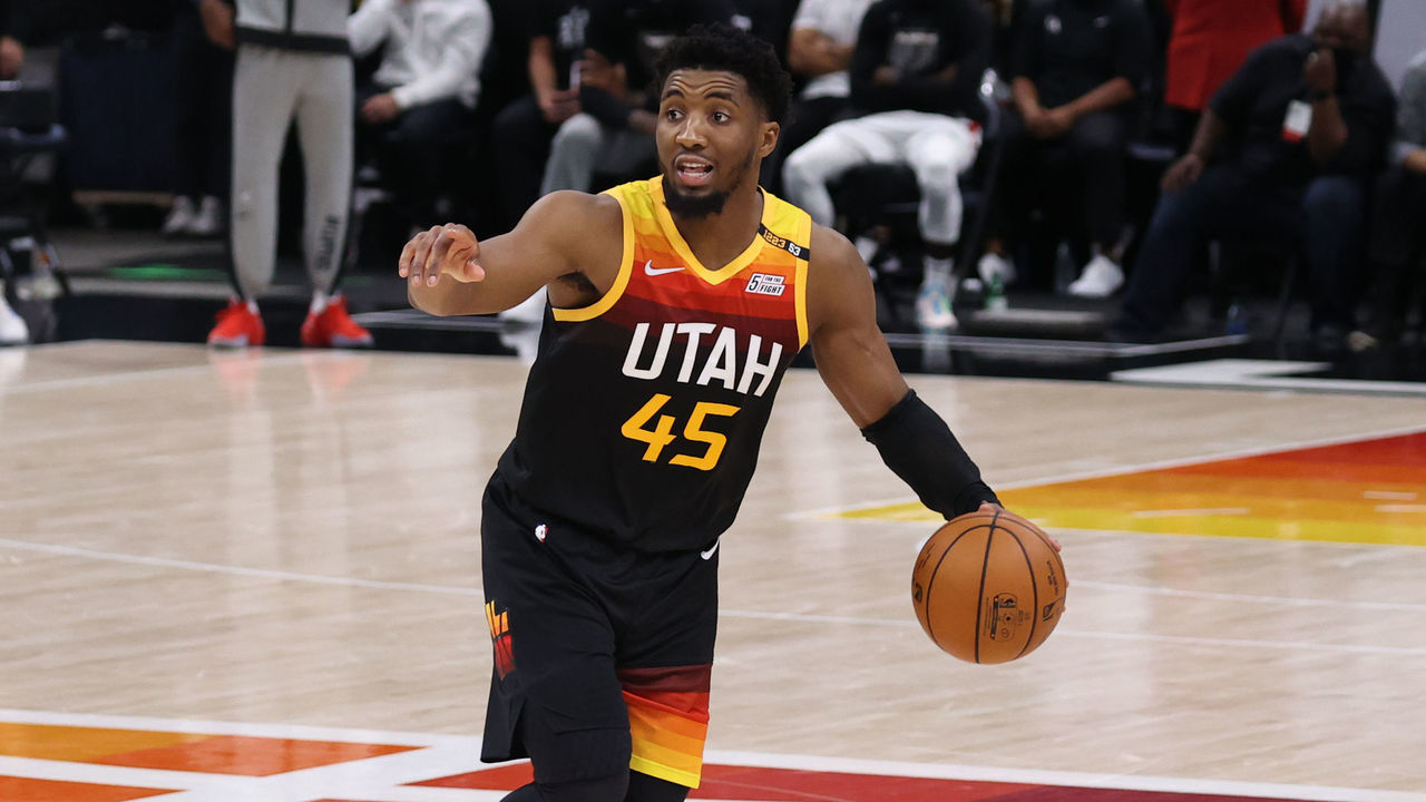 SALT LAKE CITY, UT - JUNE 16: Donovan Mitchell #45 of the Utah Jazz handles the ball during the game against the LA Clippers during Round 2, Game 5 of the 2021 NBA Playoffs on June 16, 2021 at vivint.SmartHome Arena in Salt Lake City, Utah. Mandatory Copyright Notice: Copyright 2021 NBAE