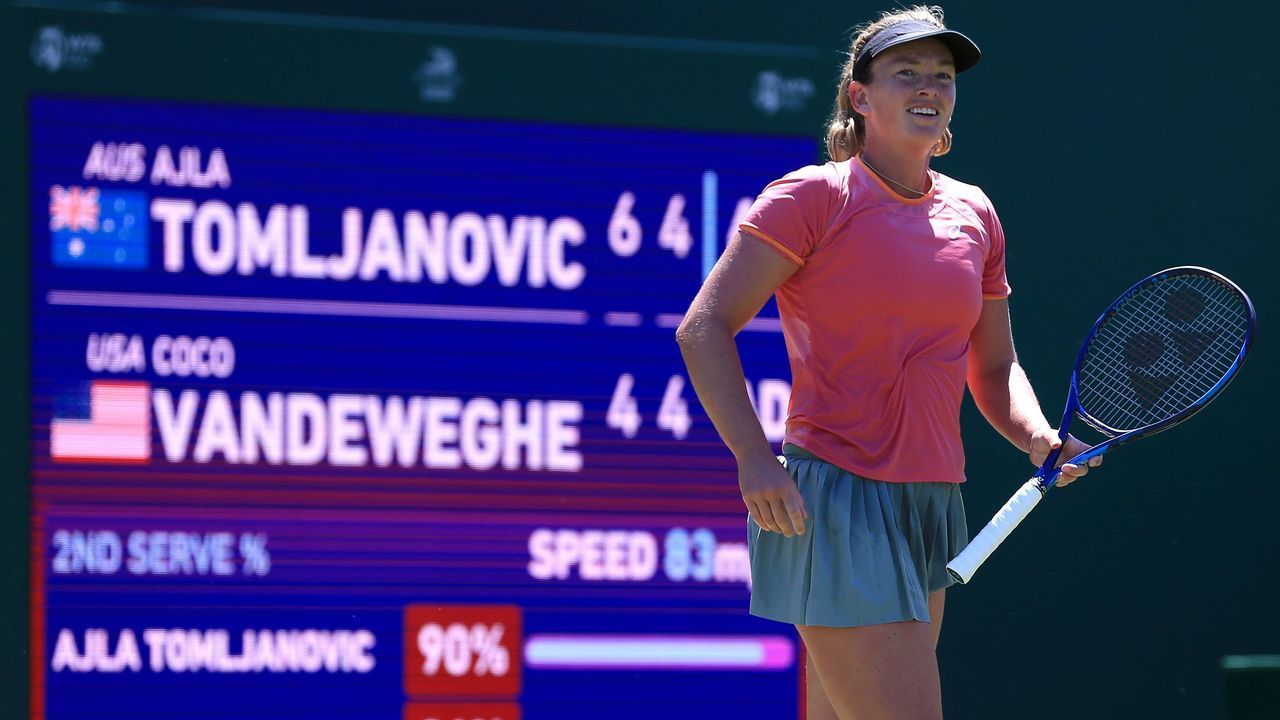 BIRMINGHAM, ENGLAND - JUNE 16: Coco Vandeweghe of USA celebrates against Ajla Tomljanovic of Australia during the Viking Classic Birmingham at Edgbaston Priory Club on June 15, 2021 in Birmingham, England.