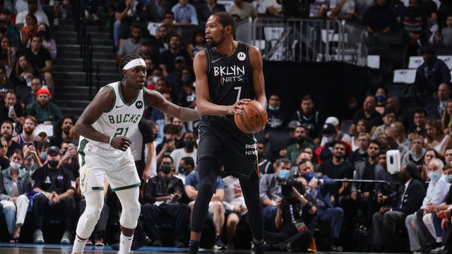 BROOKLYN, NY - JUNE 15: Jrue Holiday #21 of the Milwaukee Bucks plays defense on Kevin Durant #7 of the Brooklyn Nets during Round 2, Game 5 of the 2021 NBA Playoffs on June 15, 2021 at Barclays Center in Brooklyn, New York. Mandatory Copyright Notice: Copyright 2021 NBAE