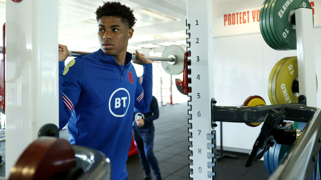 BURTON UPON TRENT, ENGLAND - JUNE 16: Marcus Rashford of England trains in the gym during an England training session at St George's Park on June 16, 2021 in Burton upon Trent, England.
