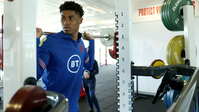 BURTON UPON TRENT, ENGLAND - JUNE 16: Marcus Rashford of England trains in the gym during an England training session at St George's Park on June 16, 2021 in Burton upon Trent, England.