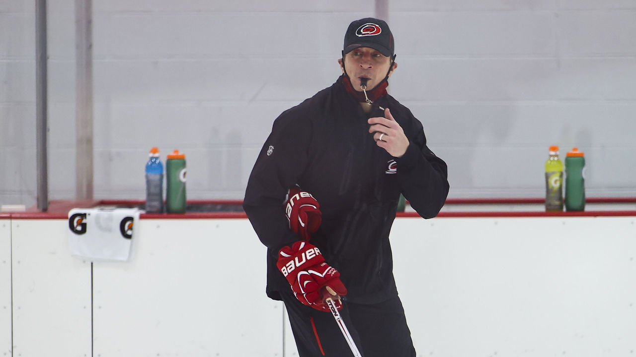 MORRISVILLE, NC - JANUARY 05: Carolina Hurricanes head coach Rod BrindAmour during the Carolina Hurricanes Training Camp on January 5th, 2021 at Wake Competition Center in Morrisville, NC.