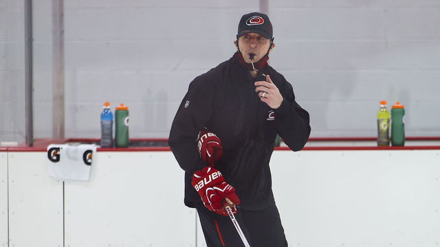 MORRISVILLE, NC - JANUARY 05: Carolina Hurricanes head coach Rod BrindAmour during the Carolina Hurricanes Training Camp on January 5th, 2021 at Wake Competition Center in Morrisville, NC.