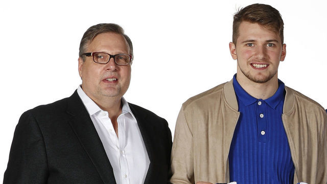 DALLAS, TX - JUNE 22: Donnie Nelson Draft Pick Luka Doncic Head Coach Rick Carlise and Michael Finley pose for a portrait at the Post NBA Draft press conference on June 22, 2018 at the American Airlines Center in Dallas, Texas. Mandatory Copyright Notice: Copyright 2018 NBAE