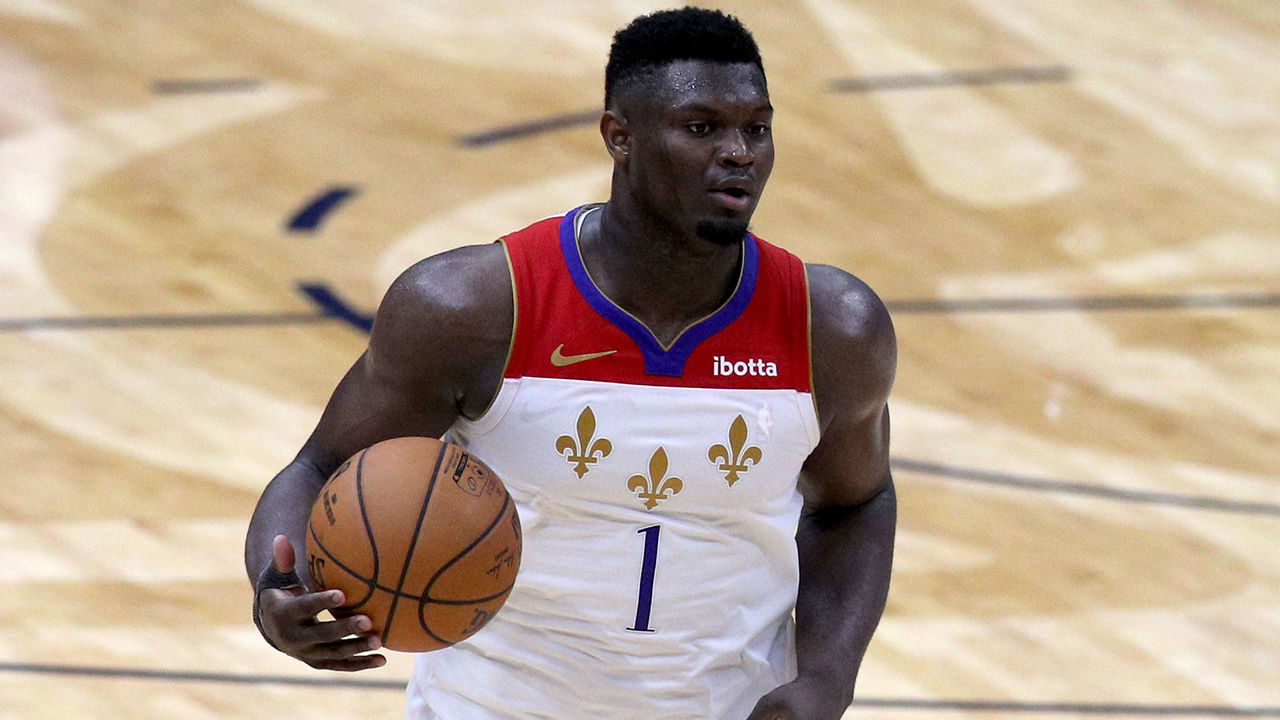 NEW ORLEANS, LOUISIANA - MAY 04: Zion Williamson #1 of the New Orleans Pelicans dribbles the ball downn court during the fourth quarter of an NBA game against the Golden State Warriors at Smoothie King Center on May 04, 2021 in New Orleans, Louisiana.