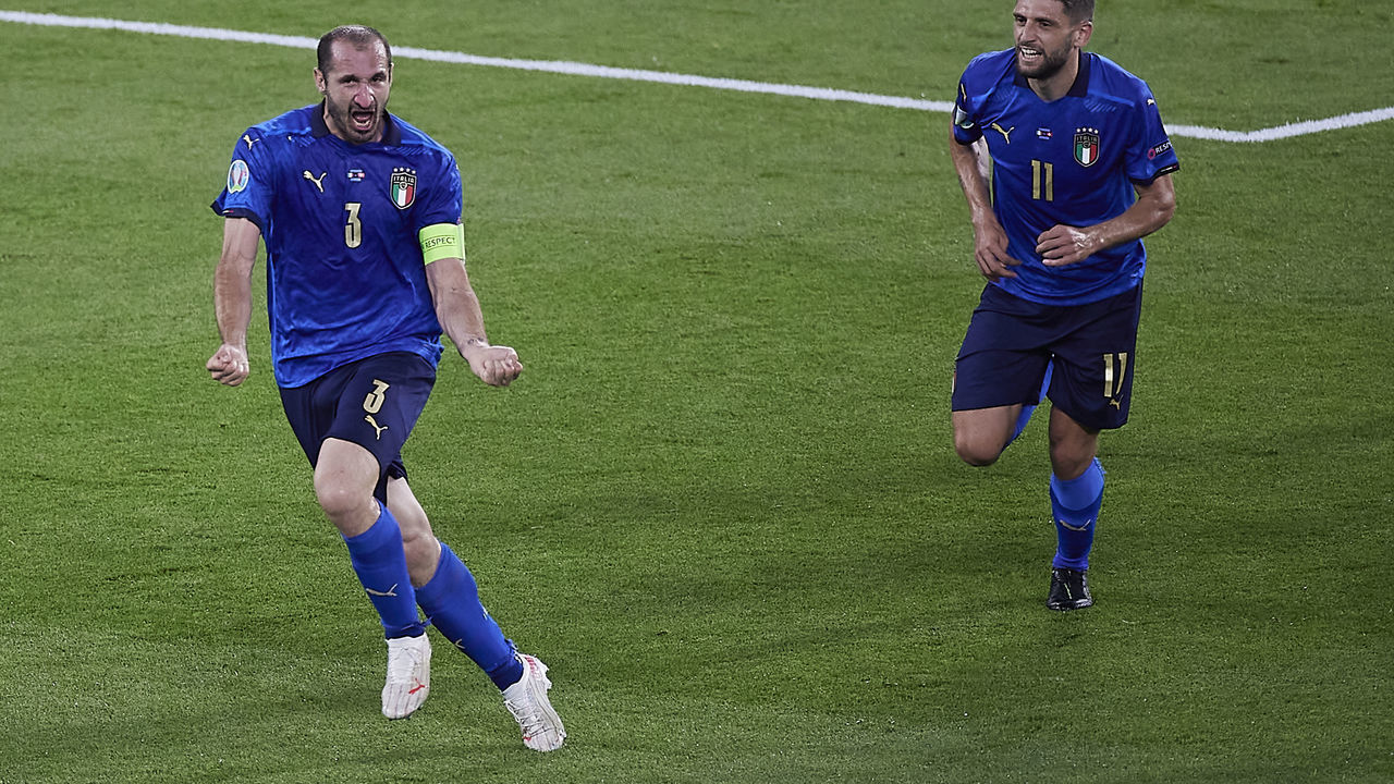 ROME, ITALY - JUNE 16: Giorgio Chiellini of Italy celebrates during the UEFA Euro 2020 Championship Group A match between Italy and Switzerland at Olimpico Stadium on June 16, 2021 in Rome, Italy.