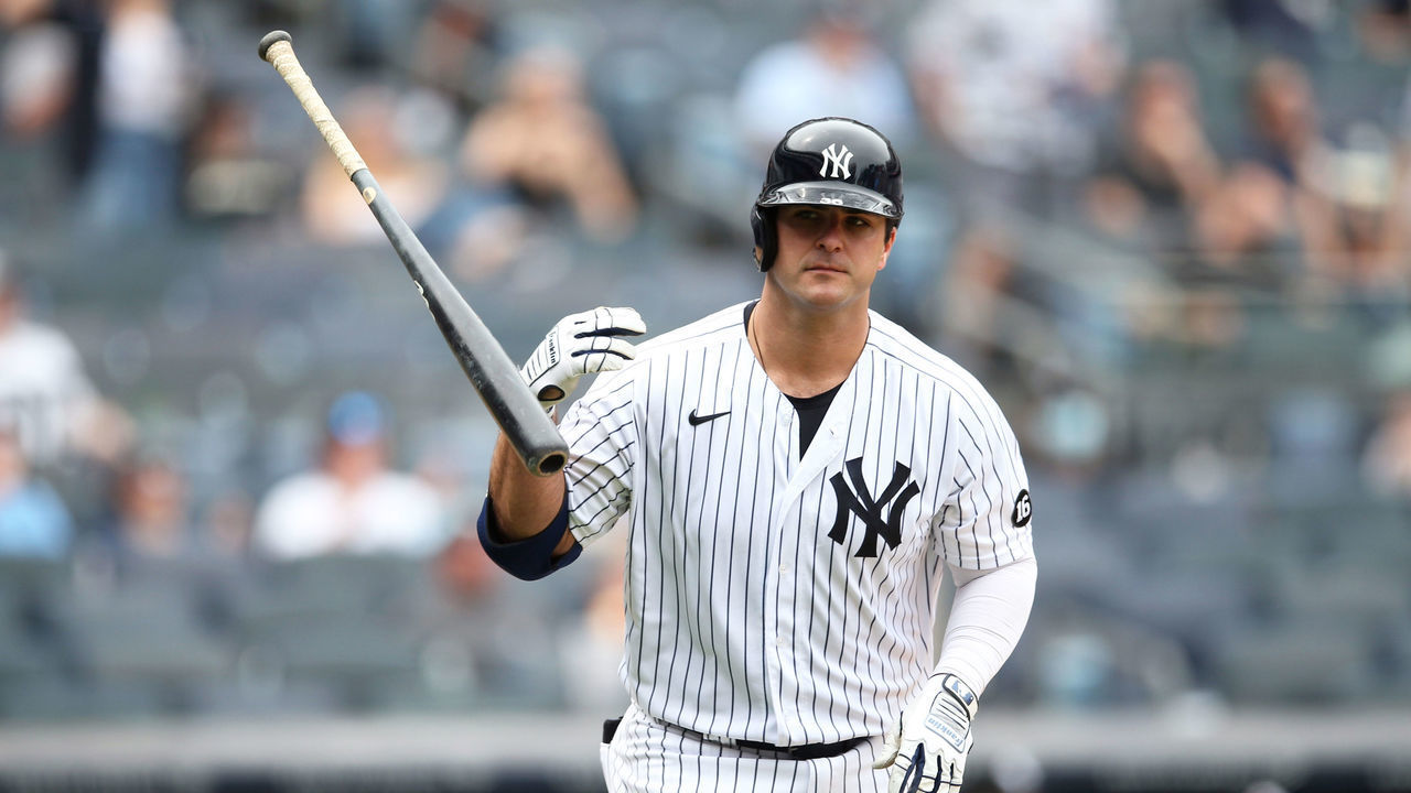 BRONX, NY - MAY 22: Mike Ford #36 of the New York Yankees tosses his bat after hitting a home run during the game between the Chicago White Sox and the New York Yankees at Yankee Stadium on Saturday, May 22, 2021 in the Bronx borough of New York City.