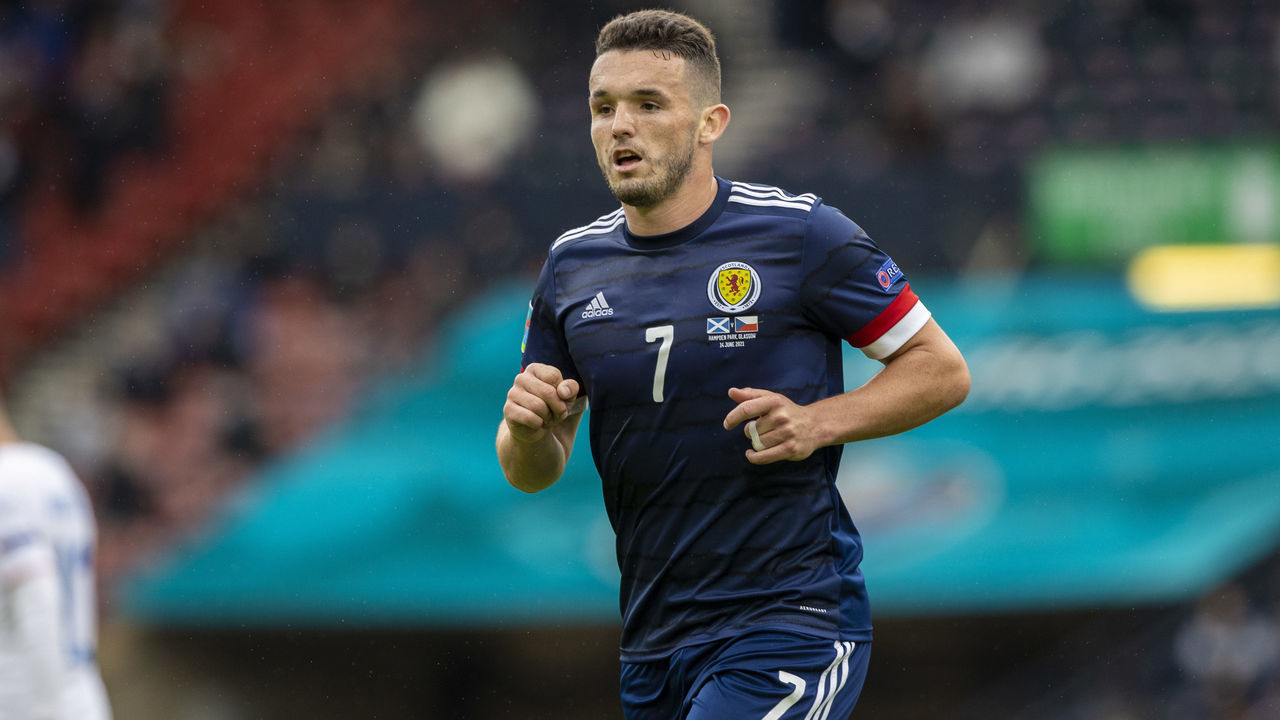 GLASGOW, SCOTLAND - JUNE 14: John McGinn in action for Scotland during a Euro 2020 match between Scotland and Czech Republic at Hampden Park on June 14, 2021, in Glasgow, Scotland.