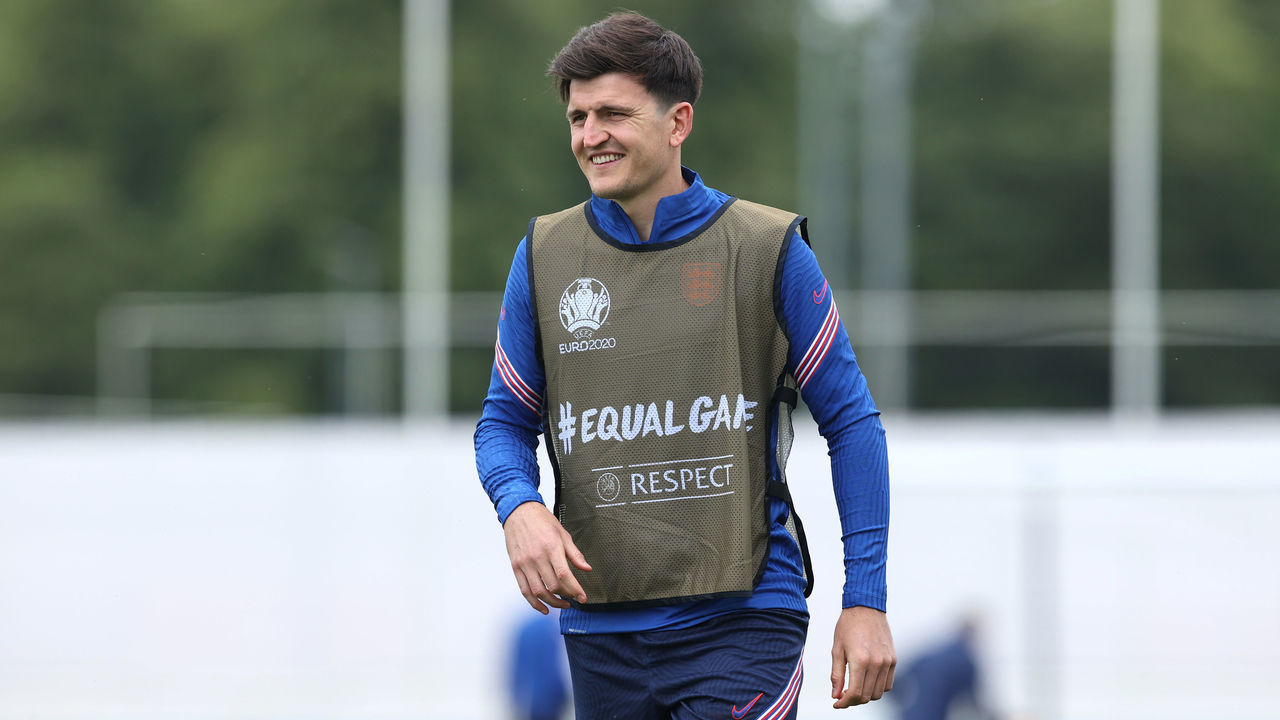 BURTON UPON TRENT, ENGLAND - JUNE 17: Harry Maguire of England looks on during the England Training Session at St George's Park on June 17, 2021 in Burton upon Trent, England.