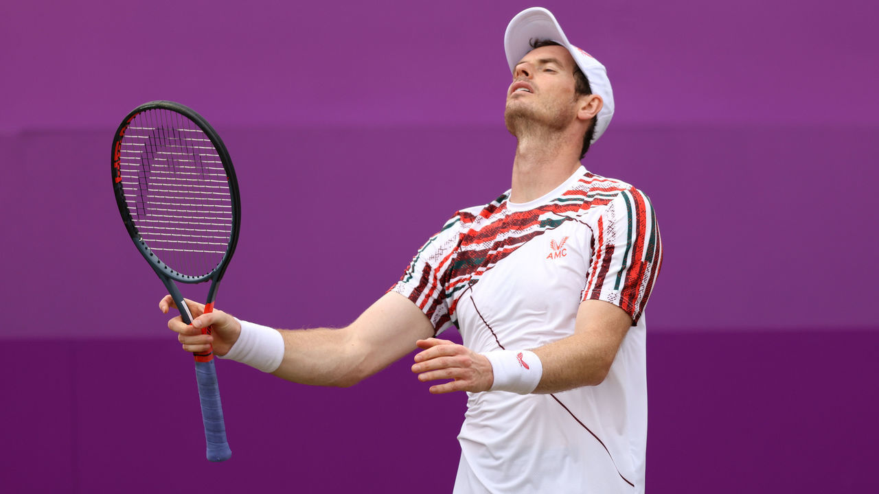 LONDON, ENGLAND - JUNE 17: Andy Murray of Great Britain reacts during his Round of 16 match against Matteo Berrettini of Italy during Day 4 of The cinch Championships at The Queen's Club on June 17, 2021 in London, England.