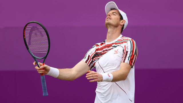 LONDON, ENGLAND - JUNE 17: Andy Murray of Great Britain reacts during his Round of 16 match against Matteo Berrettini of Italy during Day 4 of The cinch Championships at The Queen's Club on June 17, 2021 in London, England.