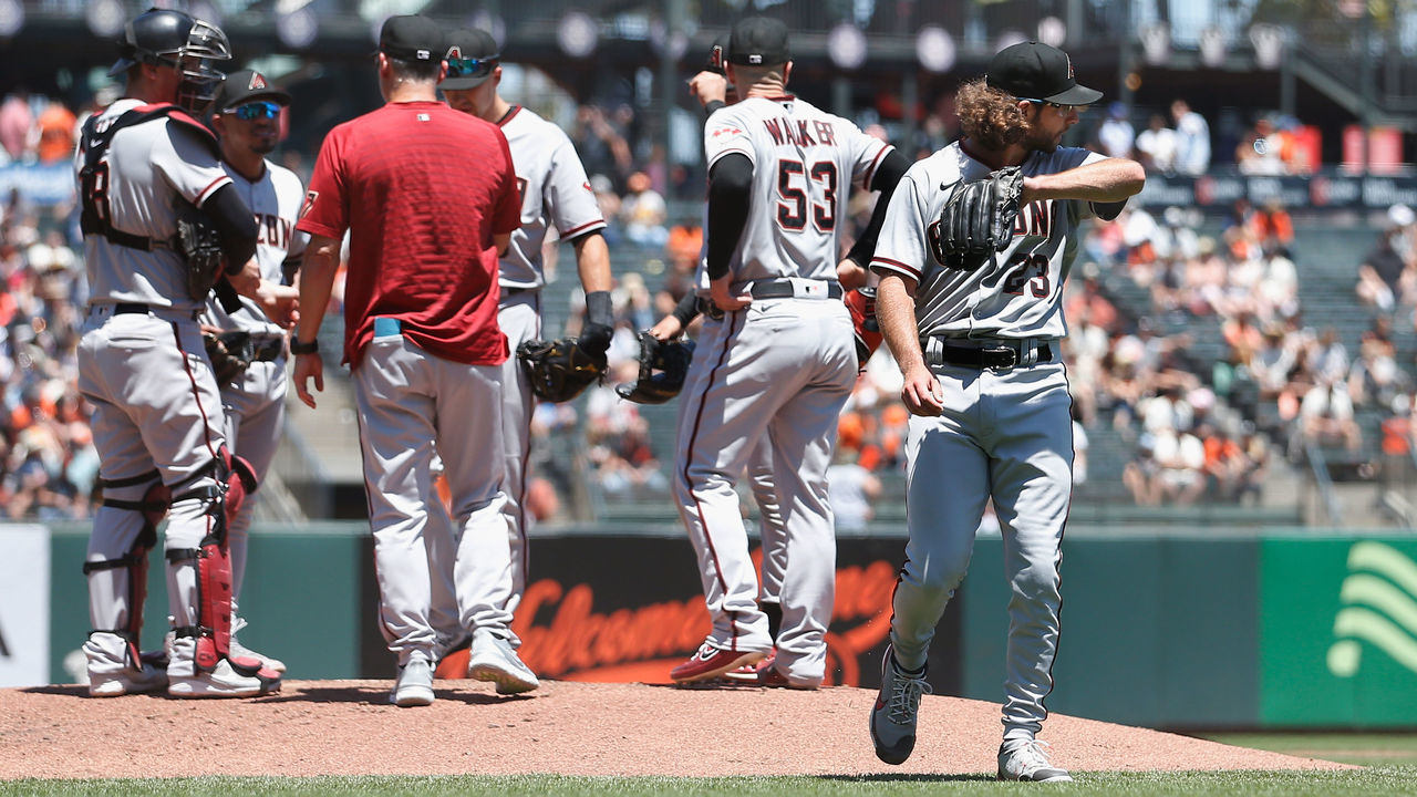 SAN FRANCISCO, CALIFORNIA - JUNE 17: Starting pitcher Zac Gallen #23 of the Arizona Diamondbacks exits the game against the San Francisco Giants in the bottom of the third inning at Oracle Park on June 17, 2021 in San Francisco, California.