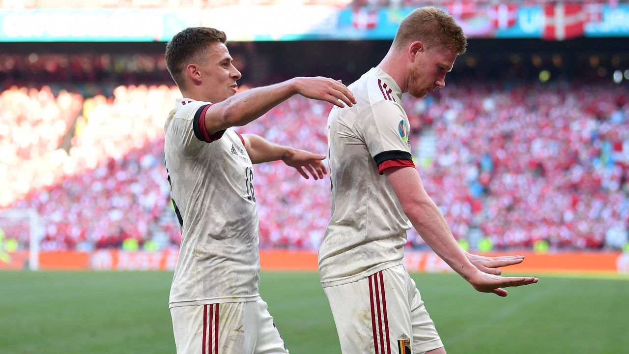 COPENHAGEN, DENMARK - JUNE 17: Kevin De Bruyne of Belgium celebrates with Thorgan Hazard after scoring their side's second goal during the UEFA Euro 2020 Championship Group B match between Denmark and Belgium at Parken Stadium on June 17, 2021 in Copenhagen, Denmark.