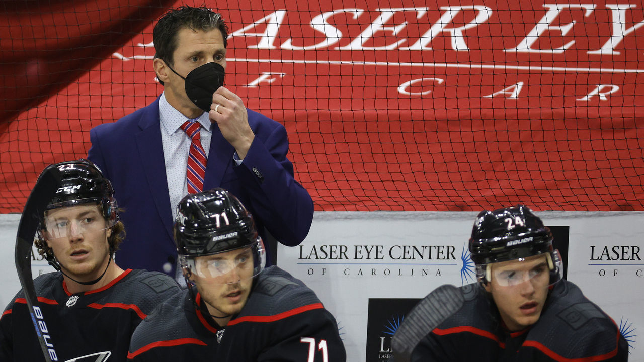 RALEIGH, NORTH CAROLINA - MARCH 04: Head coach Rod Brind'Amour of the Carolina Hurricanes looks on during the first period of their game against the Detroit Red Wings at PNC Arena on March 04, 2021 in Raleigh, North Carolina.