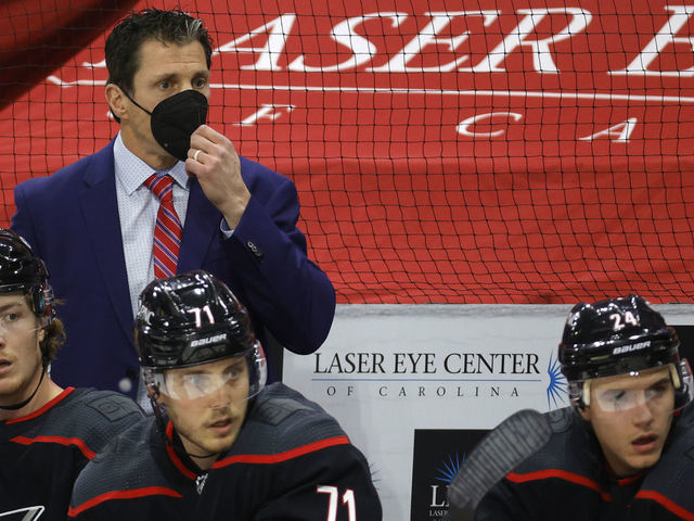 RALEIGH, NORTH CAROLINA - MARCH 04: Head coach Rod Brind'Amour of the Carolina Hurricanes looks on during the first period of their game against the Detroit Red Wings at PNC Arena on March 04, 2021 in Raleigh, North Carolina.