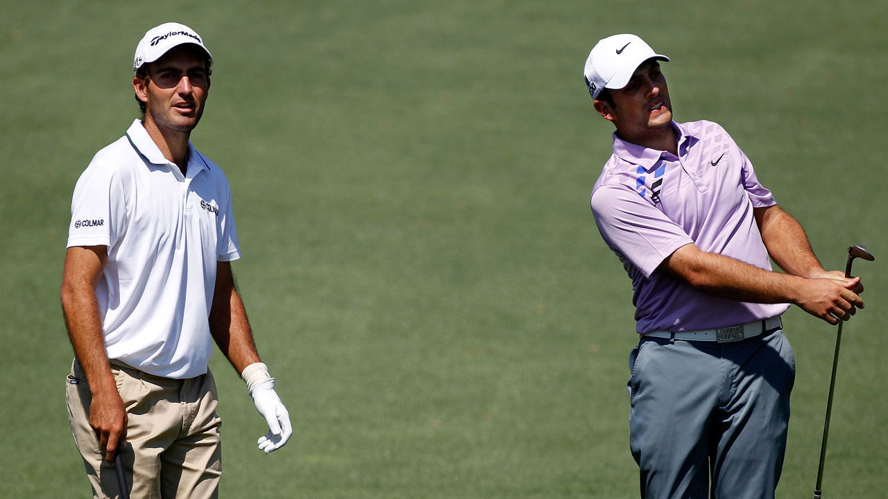 AUGUSTA, GA - APRIL 02: (L-R) Eduardo Molinari of Italy and Francesco Molinari of Italy look on during a practice round prior to the start of the 2012 Masters Tournament at Augusta National Golf Club on April 2, 2012 in Augusta, Georgia.