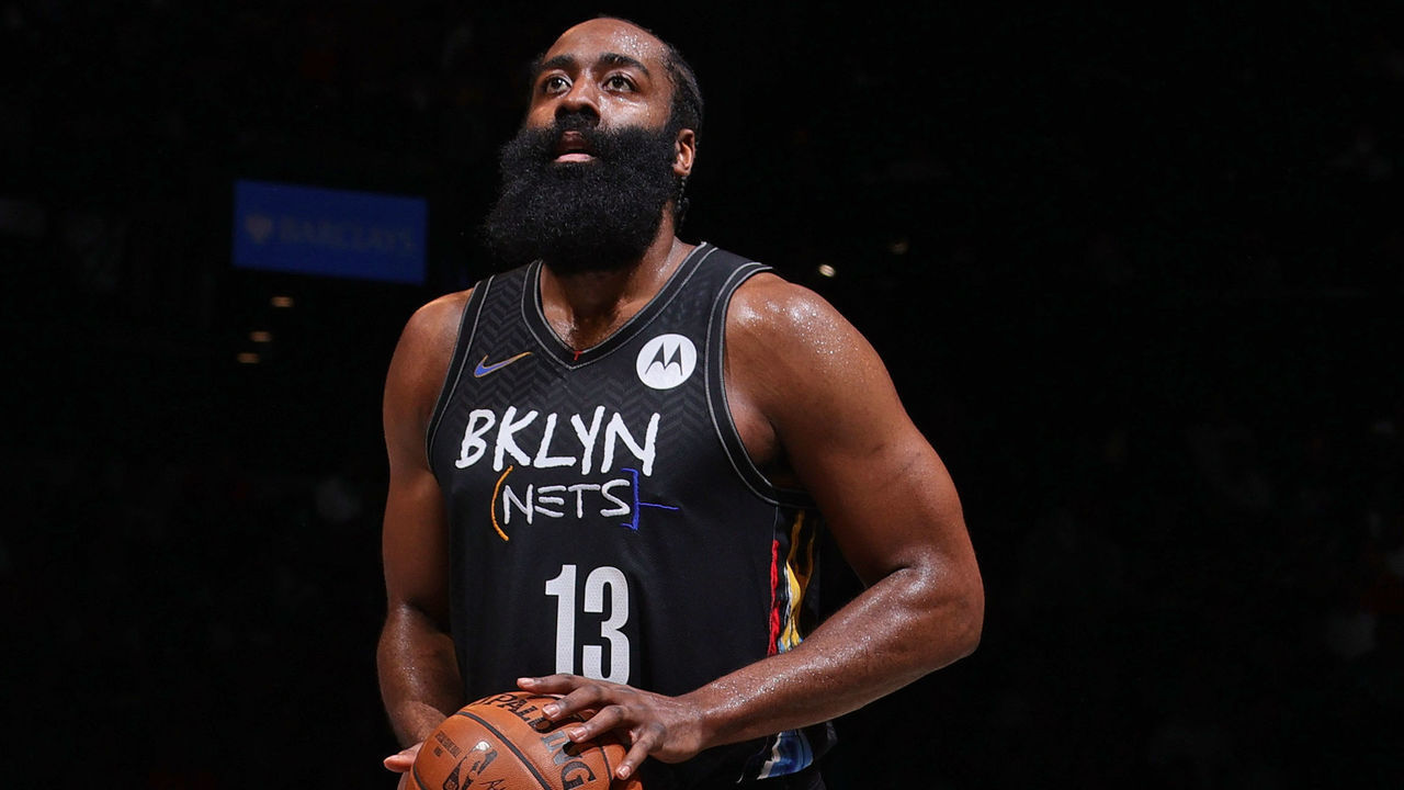 BROOKLYN, NY - JUNE 15: James Harden #13 of the Brooklyn Nets shoots a free throw during Round 2, Game 5 of the 2021 NBA Playoffs on June 15, 2021 at Barclays Center in Brooklyn, New York. Mandatory Copyright Notice: Copyright 2021 NBAE