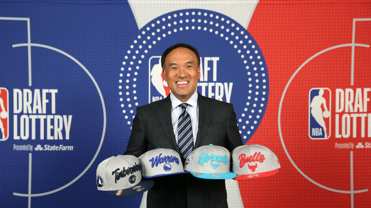 SECAUCUS, NJ - AUGUST 20: Deputy Commissioner of the NBA, Mark Tatum holds up the team hats of the Golden State Warriors, Minnesota Timberwolves, Charlotte Hornets and Charlotte Hornets during the 2020 NBA Draft Lottery on August 20, 2020 at the NBA Entertainment Studios in Secaucus, New Jersey. NOTE TO USER: User expressly acknowledges and agrees that, by downloading and/or using this photograph, user is consenting to the terms and conditions of the Getty Images License Agreement. Mandatory Copyright Notice: Copyright 2020 NBAE