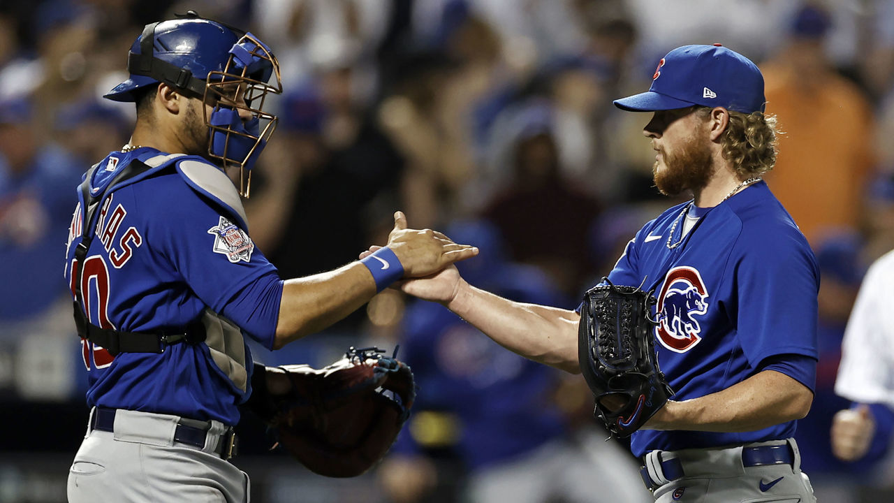 NEW YORK, NY - JUNE 17: Craig Kimbrel #46 of the Chicago Cubs congratulates Willson Contreras #40 after defeating the New York Mets at Citi Field on June 17, 2021 in the Flushing neighborhood of the Queens borough of New York City. The Cubs won 2-0.