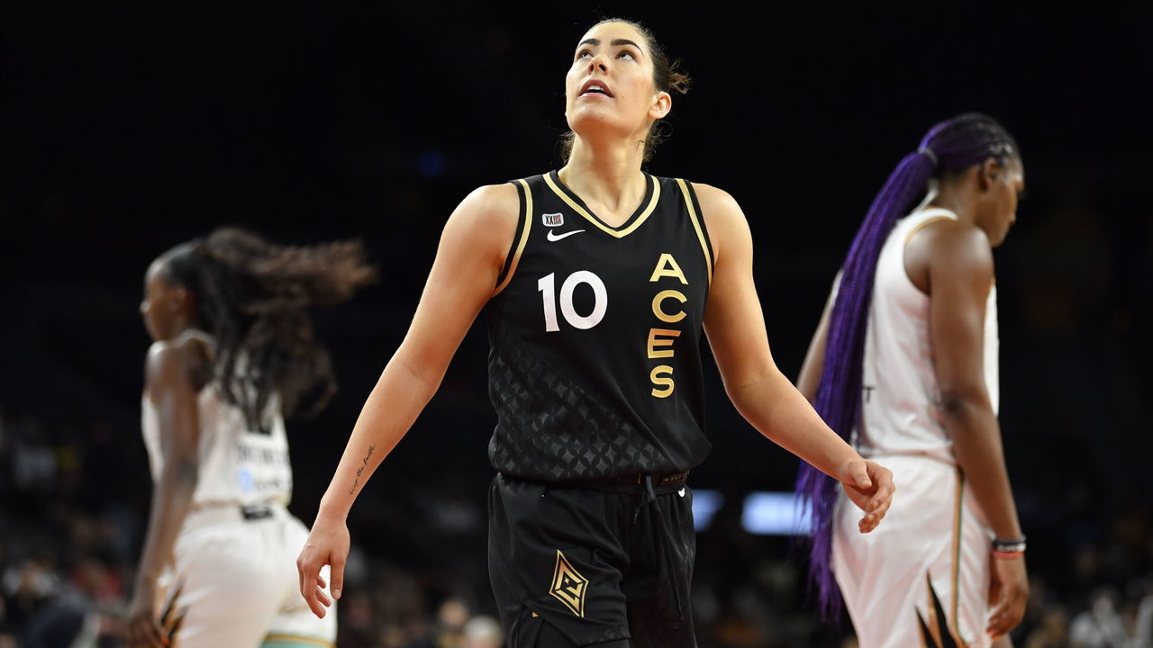 LAS VEGAS, NV - JUNE 17: Kelsey Plum #10 of the Las Vegas Aces looks on during the game against the New York Liberty on June 17, 2021 at Michelob ULTRA Arena in Las Vegas, Nevada. Mandatory Copyright Notice: Copyright 2021 NBAE