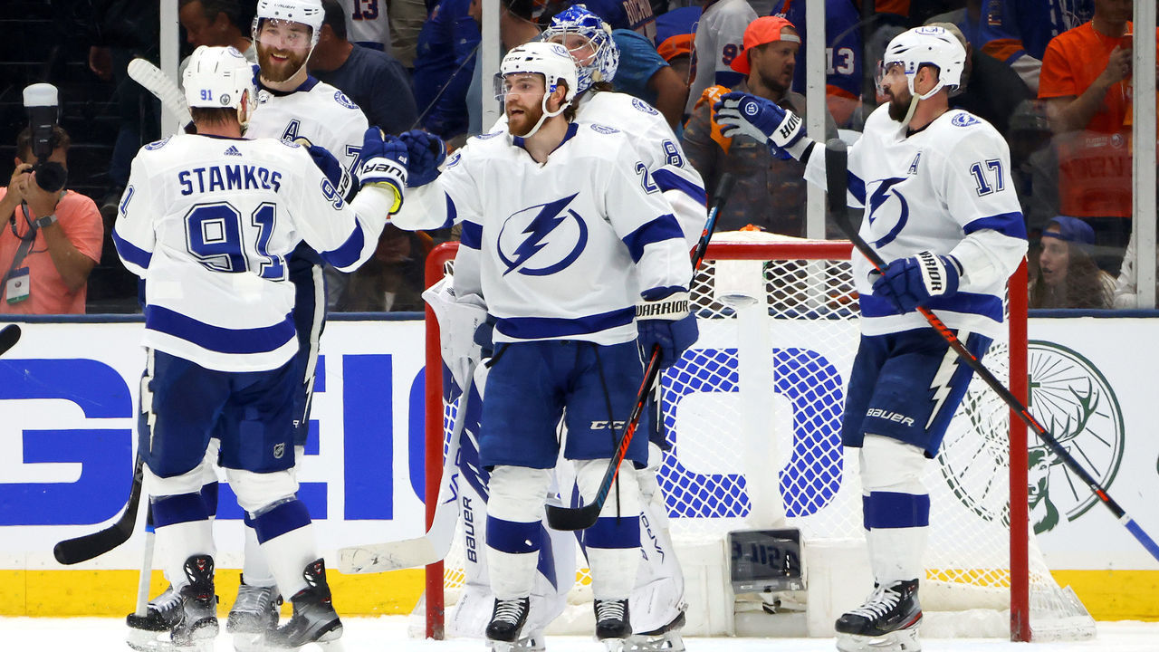 UNIONDALE, NEW YORK - JUNE 17: The Tampa Bay Lightning celebrate their 2-1 victory against the New York Islanders in Game Three of the Stanley Cup Semifinals during the 2021 Stanley Cup Playoffs at Nassau Coliseum on June 17, 2021 in Uniondale, New York.