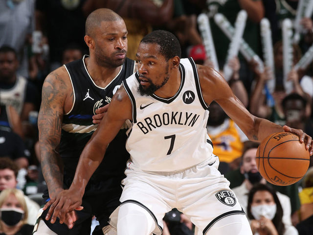 MILWAUKEE, WI - JUNE 17: P.J. Tucker #17 of the Milwaukee Bucks plays defense on Kevin Durant #7 of the Brooklyn Nets during Round 2, Game 6 of the 2021 NBA Playoffs on June 17, 2021 at the Fiserv Forum Center in Milwaukee, Wisconsin. Mandatory Copyright Notice: Copyright 2021 NBAE .