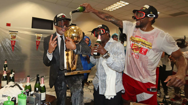 OAKLAND, CA - JUNE 13: Phil Handy and Kawhi Leonard #2 of the Toronto Raptors celebrate in the locker room after winning Game Six of the 2019 NBA Finals against the Golden State Warriors on June 13, 2019 at ORACLE Arena in Oakland, California. NOTE TO USER: User expressly acknowledges and agrees that, by downloading and/or using this photograph, user is consenting to the terms and conditions of Getty Images License Agreement. Mandatory Copyright Notice: Copyright 2019 NBAE