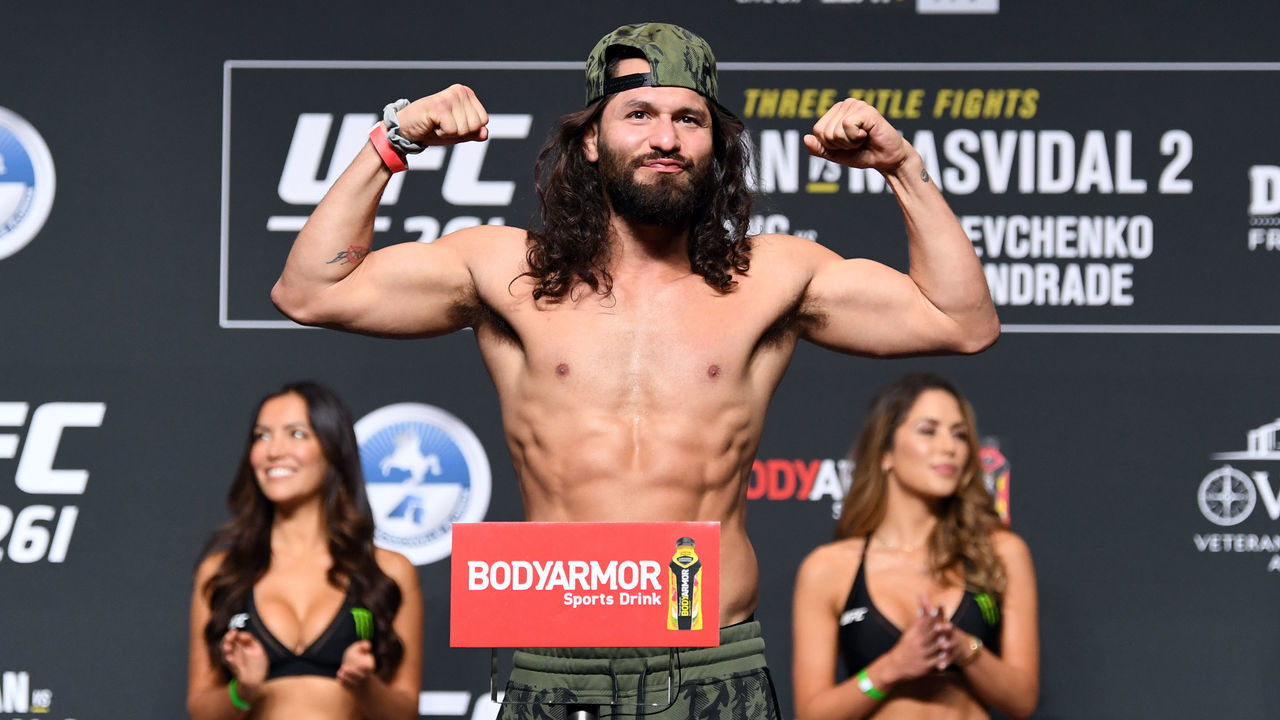 JACKSONVILLE, FLORIDA - APRIL 23: Jorge Masvidal poses on the scale during the ceremonial UFC 261 weigh-in at VyStar Veterans Memorial Arena on April 23, 2021 in Jacksonville, Florida.