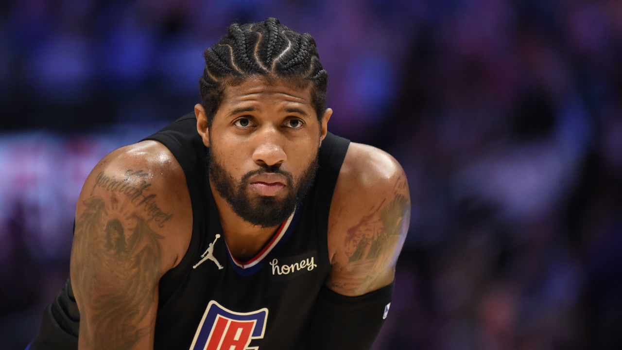 LOS ANGELES, CA - JUNE 14: Paul George #13 of the LA Clippers looks on during Round 2, Game 4 of the 2021 NBA Playoffs on June 14, 2021 at STAPLES Center in Los Angeles, California. NOTE TO USER: User expressly acknowledges and agrees that, by downloading and/or using this Photograph, user is consenting to the terms and conditions of the Getty Images License Agreement. Mandatory Copyright Notice: Copyright 2021 NBAE