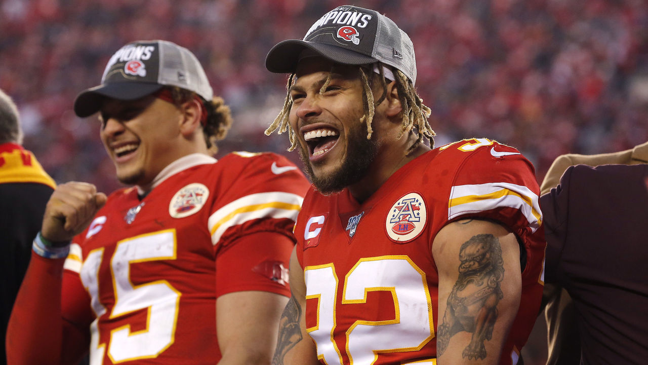 KANSAS CITY, MISSOURI - JANUARY 19: Tyrann Mathieu #32 of the Kansas City Chiefs celebrates after defeating the Tennessee Titans in the AFC Championship Game at Arrowhead Stadium on January 19, 2020 in Kansas City, Missouri. The Chiefs defeated the Titans 35-24.