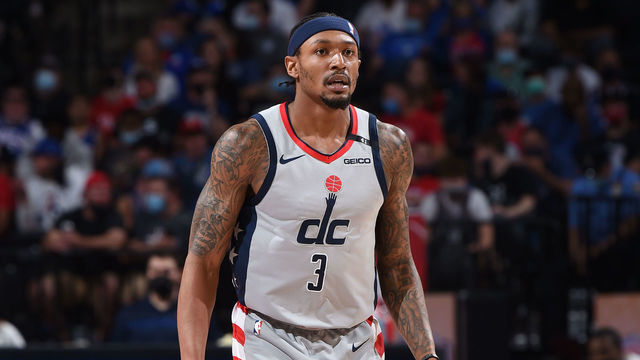 PHILADELPHIA, PA - JUNE 2: Bradley Beal #3 of the Washington Wizards looks on during a game against the Philadelphia 76ers during Round 1, Game 5 of the Eastern Conference Playoffs on June 2, 2021 at Wells Fargo Center in Philadelphia, Pennsylvania. NOTE TO USER: User expressly acknowledges and agrees that, by downloading and/or using this Photograph, user is consenting to the terms and conditions of the Getty Images License Agreement. Mandatory Copyright Notice: Copyright 2021 NBAE