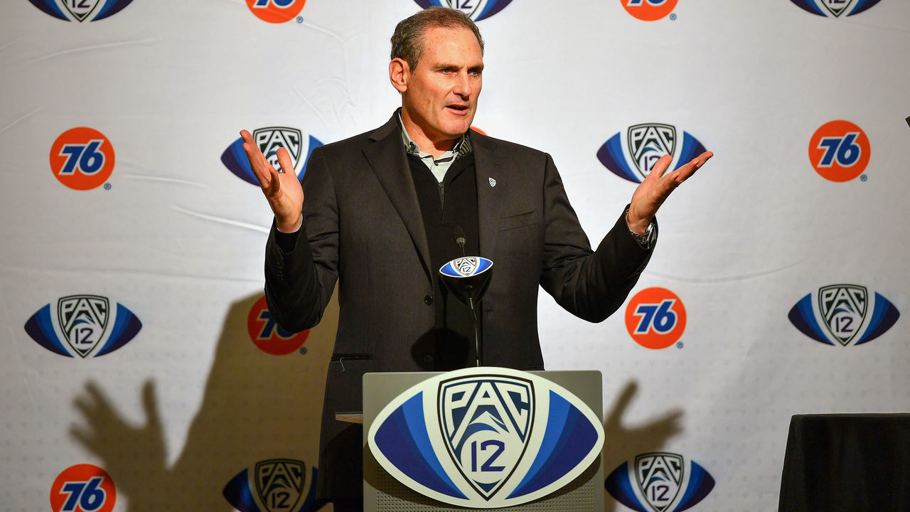 SANTA CLARA, CALIFORNIA - DECEMBER 06: Pac-12 Commissioner Larry Scott at the pre-game press conference before the Pac-12 Championship football game between the Oregon Ducks and the Utah Utes at Levi's Stadium on December 6, 2019 in Santa Clara, California. The Oregon Ducks won 37-15. (Alika Jenner/Getty Images)