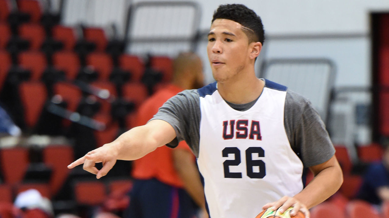 LAS VEGAS, NV - JULY 20: Devin Booker #26 of the USA Basketball Mens Select Team calls a play during practice on July 20, 2016 at Cox Pavilion on the University of Nevada, Las Vegas campus in Las Vegas, Nevada. Mandatory Copyright Notice: Copyright 2016 NBAE